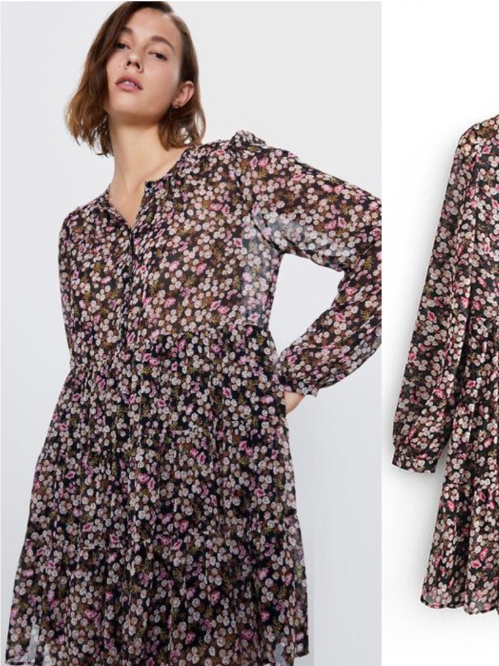 Zara Black Floral Tiered Mini Dress with Lilac and Green Blossoms, New, No Tags
